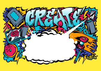 Graffiti illustration with street graffiti letters, tags, words, street art, style, spray paint, emoji, fresh and colorful