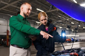 The manager tells the young woman to the car mechanic what needs to be replaced in the car. Modern service station