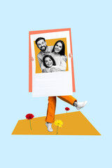 Vertical collage of person arms legs hold album set card happy idyllic family spring flowers...
