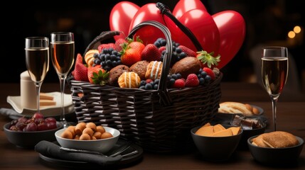 Obraz na płótnie Canvas Food Basket Gift Box Heartshaped Balloon, Background Image, Valentine Background Images, Hd