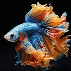 Fototapeta premium A stunning blue and orange Siamese fighting fish with its fins and tail extended in a magnificent display.