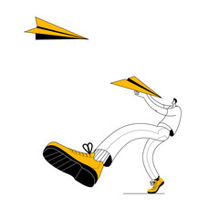 Man catches paper airplane. Conceptual illustration on topic of receiving messages. Isolated vector illustration.