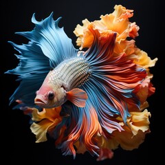 Fototapeta premium Blue and orange Siamese fighting fish with its fins and tail extended in a magnificent display.