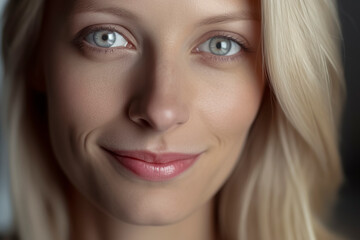 Radiant Beauty: A Blonde Woman with Striking Blue Eyes and a Captivating Smile, ai generative