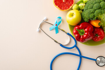 Diabetes Care Essentials: Top view photo showcasing blue ribbon, doctor's stethoscope, and a plate of healthy foods on a pastel beige surface