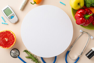 Diabetes Awareness Campaign: Top view of glucometer, lancet pen, needles, stethoscope, and a plate...