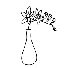 Linear sketch of plants, flowers in a vase. Minimalistic coloring. vector graphics.