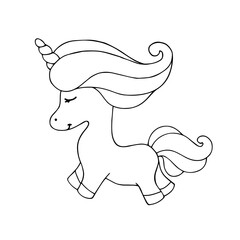 Line sketch, children's coloring of rainbow unicorn character.Vector graphics.