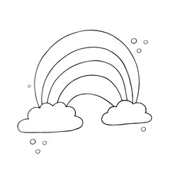 Linear sketch, children's coloring of a rainbow with clouds and stars.Vector graphics.
