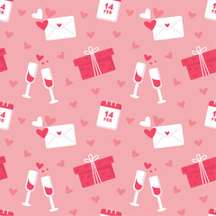 Valentines day seamless pattern with gift, letter, calendar and glasses