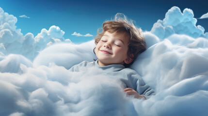Cozy nap: cute happy little boy dreaming on a fluffy cloud, bedtime, naptime.