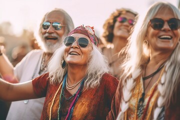 Smiling group senior hippies happy crowd. Dance funny adult leisure. Generate ai - obrazy, fototapety, plakaty