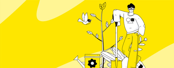 Flat character vector concept operation hand drawn illustration of planting trees on Arbor Day in spring
