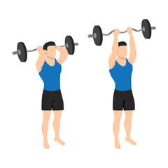 Fototapeta na wymiar Man doing barbell reverse grip tricep extension exercise. Flat vector illustration isolated on white background