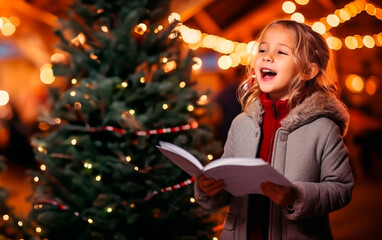 Child or girl singing a Christmas carol. Concept of Christmas time and the magical holiday spirit....