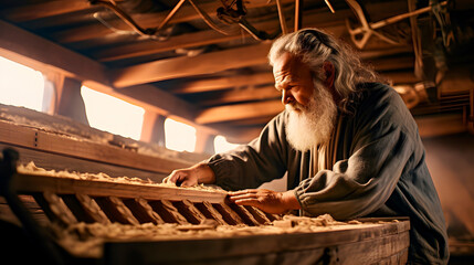 Obraz na płótnie Canvas Biblical Christmas character. Noah building his ark