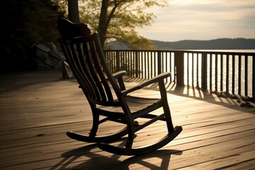 Rocking chair on deck by lake. Generative AI