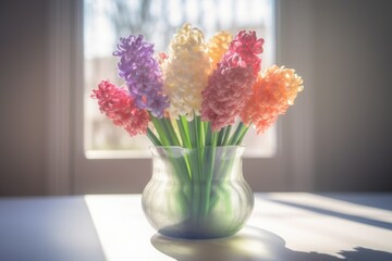 Spring hyacinths floral plant glass vase. Bloom violet flower bright petal. Generate Ai