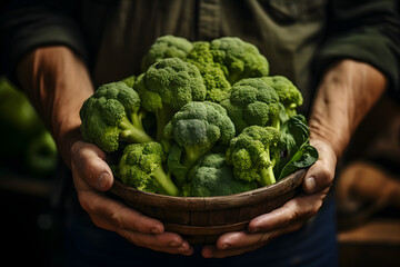 Hands of farmers, senior, hold freshly harvested broccoli.