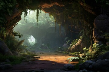A cave in a tropical jungle. Generative AI