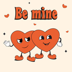 Cute groovy hearts couple. Valentine's Day retro style greeting card with editable text