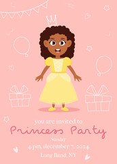 Princess birthday party invitation card with cute little dark skin girl in yellow dress	