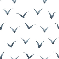 Gray silhouettes of flying gulls are abstract. Watercolor illustration drawn by hand in a children's simple style. Seamless pattern on a white background