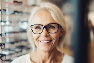 Woman chooses glasses. Frame eye store vision optician. Generate Ai