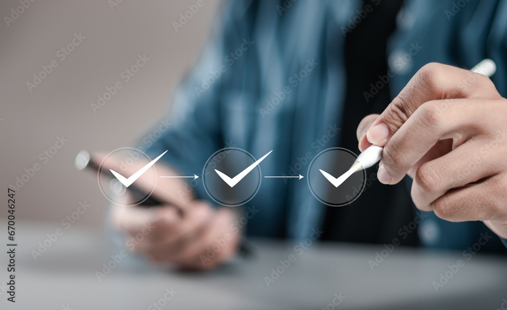 Poster questionnaire with checkboxes, businessman filling survey form online and answer questions of test s