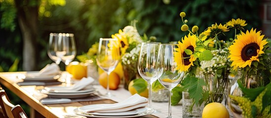 Gorgeous rustic table with sunflowers and roses set for a garden event in Italy