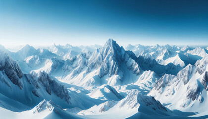 Fototapeta na wymiar Panoramic photo of snow-covered mountains with sharp peaks, the skies above are clear blue