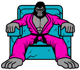 Karate gorilla sitting on a throne vector cartoon illustration