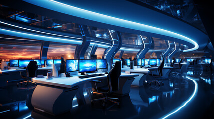 Obraz premium A call center - office - sleek workstations, and a bright, inviting atmosphere. Expansive space, serense vibe. Computers, bureau, data