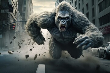 A massive ape is sprinting throughout the urban area. Generative AI