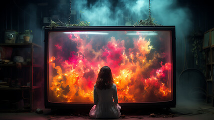 Girl sitting in front of a wide and old tv with burning colorful smokes - Concept art