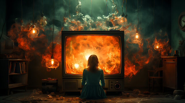 Girl sitting in front of a wide and old tv with fire burning and smokes - Concept art