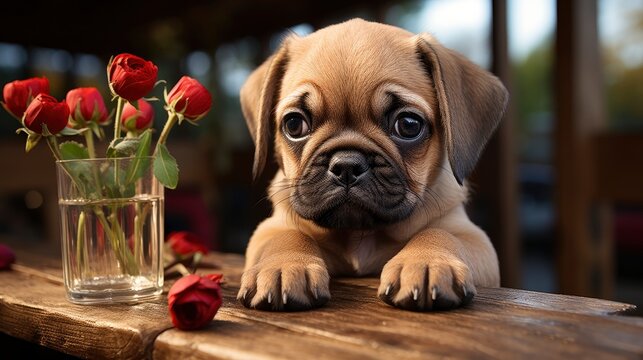 Lovely Pug Dog Red Rose Valentine, Background Image, Valentine Background Images, Hd
