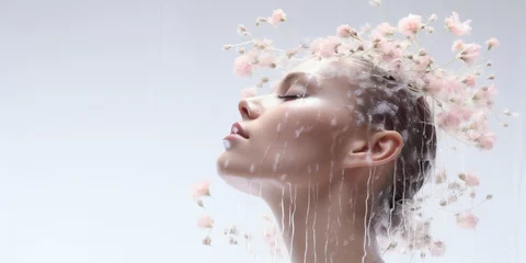 Foto op Plexiglas Fresh shower on sensitive soft skin concept on white background Generative AI © LayerAce.com