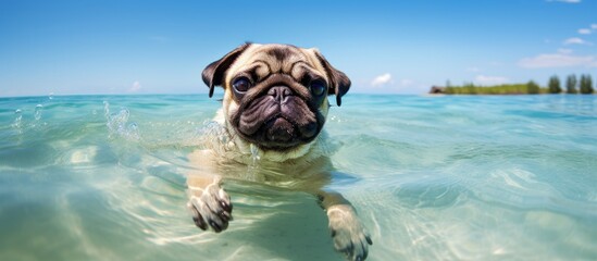 Pug having fun at the beach and in the water during summer - Powered by Adobe