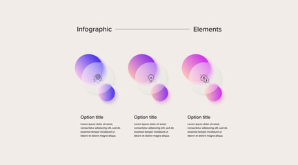 Business process chart infographics with 3 step circles. Circular corporate workflow graphic elements. Company flowchart presentation slide. Vector info graphic in glassmorphism design.