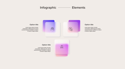 Business process chart infographics with 3 step squares. Rectangular corporate workflow graphic elements. Company flowchart presentation slide. Vector info graphic in glassmorphism design.