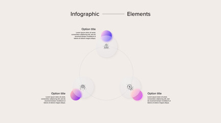 Business process chart infographics with 3 step circles. Circular corporate workflow graphic elements. Company flowchart presentation slide. Vector info graphic in glassmorphism design.