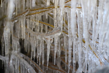 Winter on the seashore. Natural ice sculptures created by wind and wave.