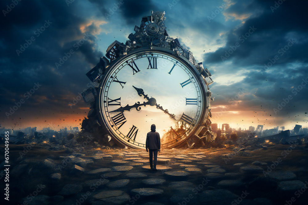 Poster a man standing in front of a giant clock. surreal time loop, time travel or time related composition