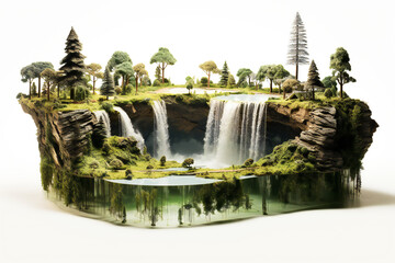 A floating island with grass, trees and a waterfall on it. Clean nature and environment concept.