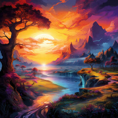 Fototapeta na wymiar Amazing fantasy landscape with river and mountains at sunset. Colorful clouds on sky. Vibrant colors.