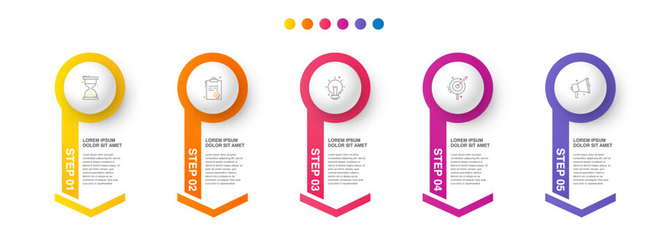 Vector Modern Infographic With 5 Circles And Arrows. 3D Concept Graphic Process Template With Five Steps And Icons. Timeline For The Business Project On White Background