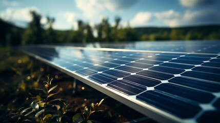 solar panels on the sunset close-up photo, background. Electric solar battery station panels cells. Clean ecological electricity production, renewable energy concept