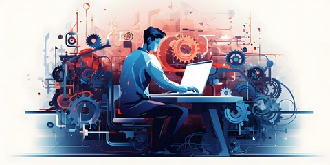 Business, flat color vector type illustration of a man working on a computer