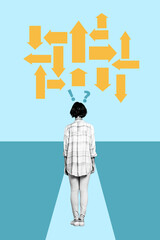 Vertical collage image of black white effect minded girl question exclamation mark head pick arrow pointer indicator isolated on blue background